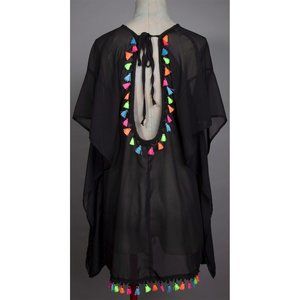 Black swimsuit cover w/ rainbow tassles